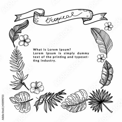 Papier peint  Frame made of silhouettes of tropical elements of tropical strelitzia flower, hibiscus, monster leaves, etc. Hand-drawn in doodle style. Square composition. Tropical lettering hand drawn on ribbon.