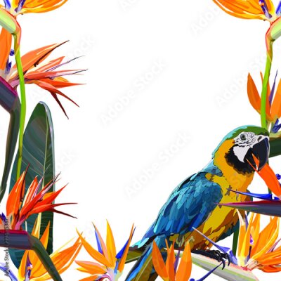 Papier peint  Frame with Strelitzia Reginae orange tropical flower bouquet and parrot. Green leaves, orange and violet blossom. Design set. Vector illustration, EPS 10