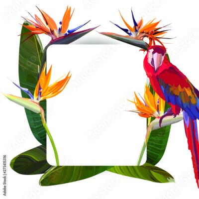 Papier peint  Frame with Strelitzia Reginae orange tropical flower bouquet and parrot. Green leaves, orange and violet blossom. Design set. Vector illustration, EPS 10