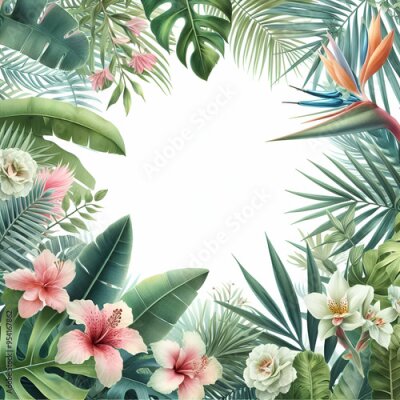 Papier peint   Fresh Exotic Jungle Background with Copy Space. Border Made of Tropical Leaves & Flowers. Watercolor For Summer Vibes Greeting Cards, Posters, Banners, Placards Cafe, Coffee Shop Hawaii Bar Restauran