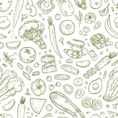 Fruits et légumes dessinés en vert