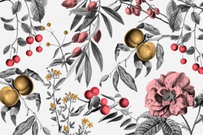 Papier peint  Fruits et plantes en gris et couleurs