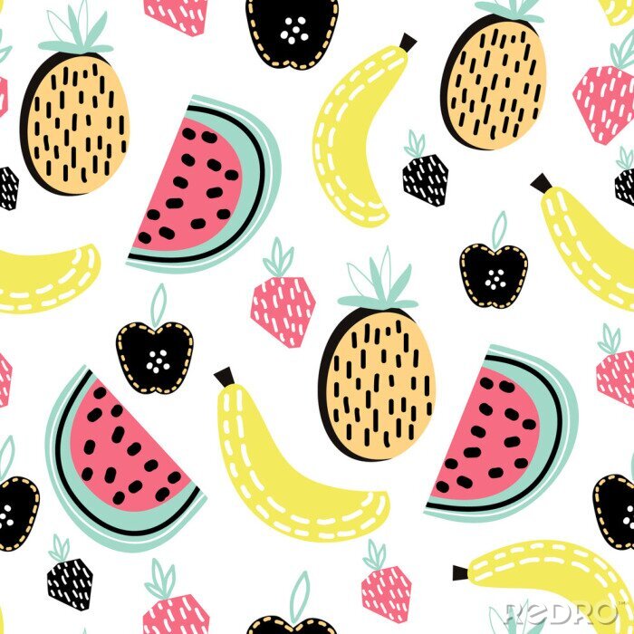 Papier peint  Fruits graphiques pastèques ananas fraises