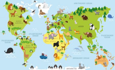 Papier peint  Funny cartoon world map in german with traditional animals of all the continents and oceans. Vector illustration for preschool education and kids design