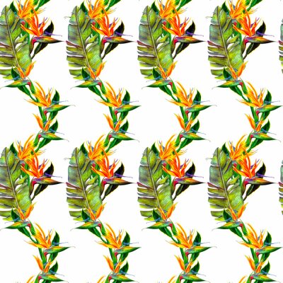Papier peint  funny seamless wallpaper wallpaper of tropical green palm leaves and strelitzia flowers on a beige background.