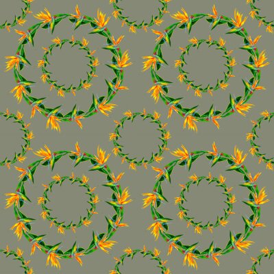 Papier peint  funny seamless wallpaper wallpaper of tropical green palm leaves and strelitzia flowers on a beige background.