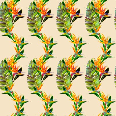 Papier peint  funny seamless wallpaper wallpaper of tropical green palm leaves and strelitzia flowers on a beige background.