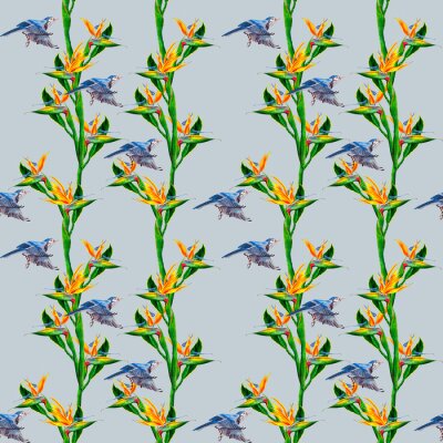 Papier peint  funny seamless wallpaper wallpaper of tropical green palm leaves and strelitzia flowers on a beige background.