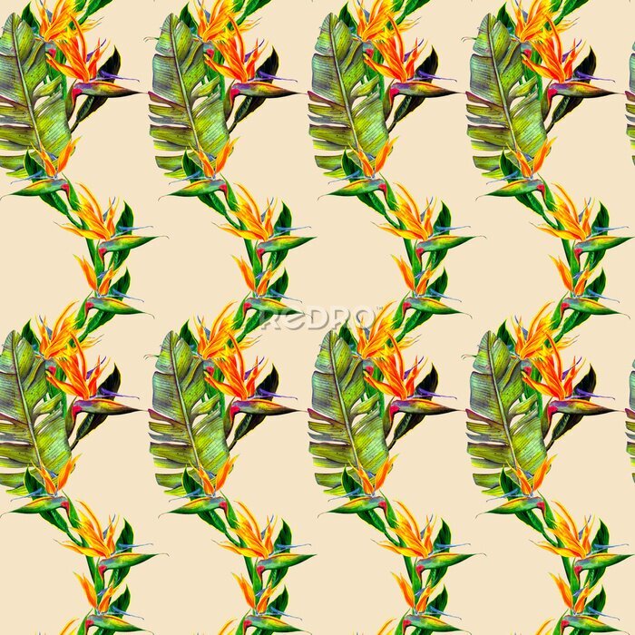Papier peint  funny seamless wallpaper wallpaper of tropical green palm leaves and strelitzia flowers on a beige background.
