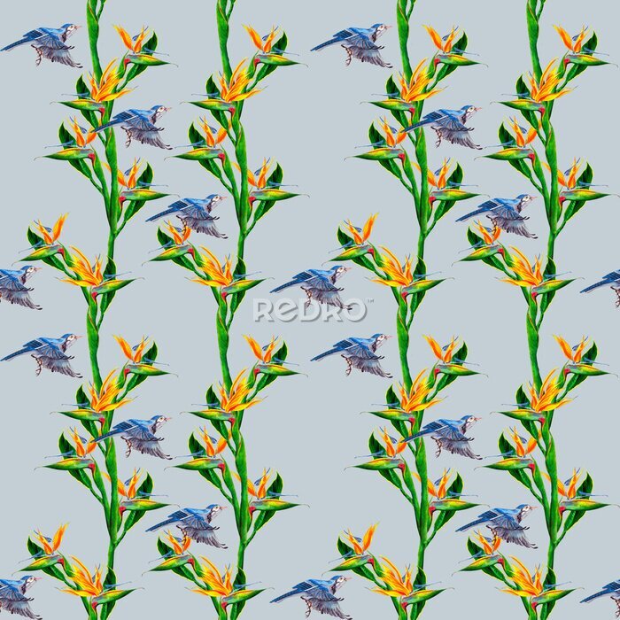Papier peint  funny seamless wallpaper wallpaper of tropical green palm leaves and strelitzia flowers on a beige background.