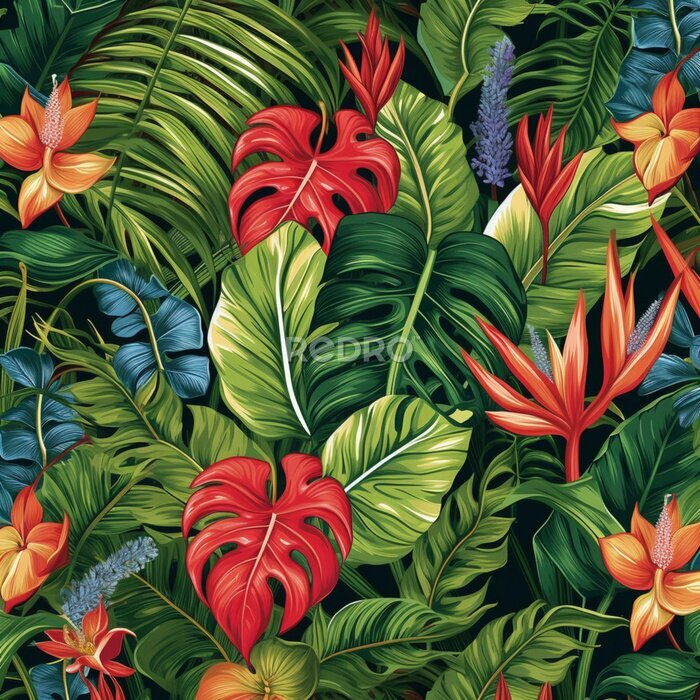 Papier peint  funny seamless wallpaper wallpaper of tropical green palm leaves and strelitzia flowers on a black background