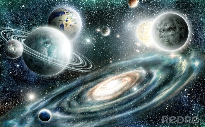 Papier peint  Galaxie avec des planètes aux anneaux