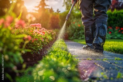 Papier peint  Gardener holding hose sprayer watering strelitzia water tropical plant, save the world concept.
