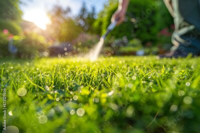 Papier peint  Gardener holding hose sprayer watering strelitzia water tropical plant, save the world concept.