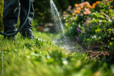 Papier peint  Gardener holding hose sprayer watering strelitzia water tropical plant, save the world concept.