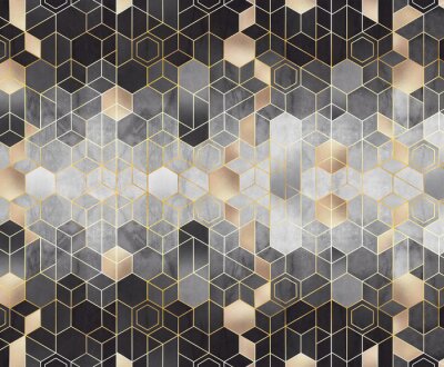 Papier peint  Geometric abstraction of hexagons on a black and white relief background with gold elements. Mural for interior painting. Wall painting.