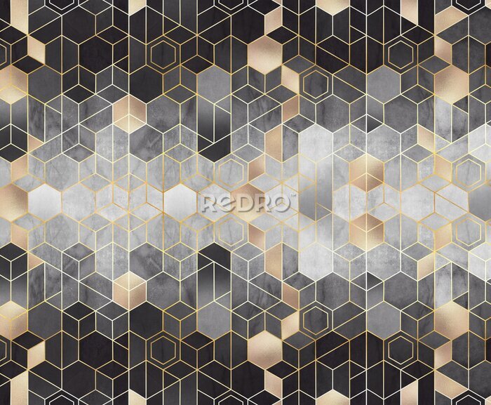 Papier peint  Geometric abstraction of hexagons on a black and white relief background with gold elements. Mural for interior painting. Wall painting.