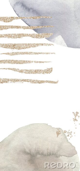 Papier peint  Geometric poster with watercolor and gold elements on white background. Abstract nordic print. Scandinavian style. Hand drawn illustration. Mixed media art collage