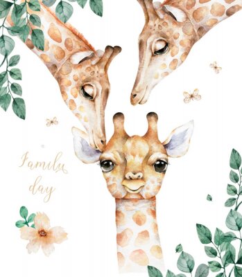 Girafe aquarelle et feuilles