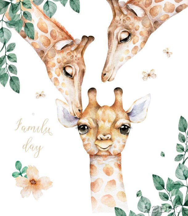 Papier peint  Girafe aquarelle et feuilles