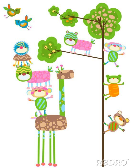 Papier peint  Girafe arc-en-ciel et animaux sur l'arbre