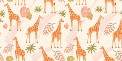 Papier peint  Girafes au milieu de feuilles tropicales