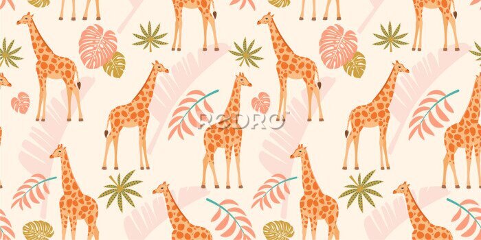 Papier peint  Girafes au milieu de feuilles tropicales