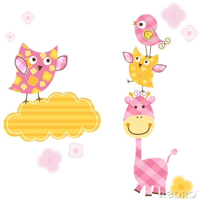 Papier peint  Girafes et oiseaux jaunes et roses