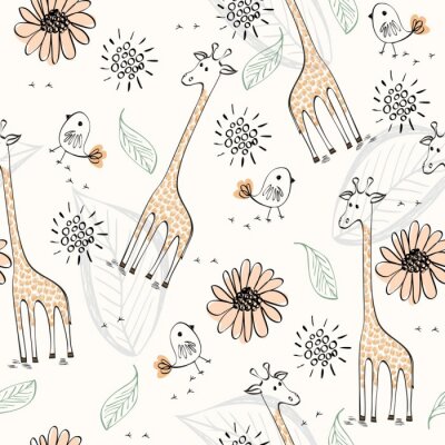 Papier peint  Girafes peintes, oiseaux et feuilles