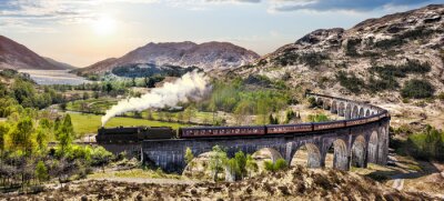 Papier peint  Glenfinnan, ferroviaire, viaduc, Écosse, Jacobite, vapeur, train, contre, Coucher soleil, Lac