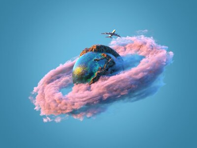 globe terrestre 3d entouré d'un nuage rose