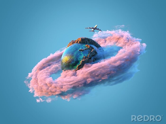Papier peint  globe terrestre 3d entouré d'un nuage rose