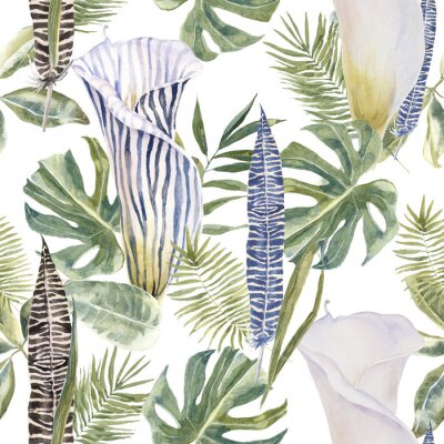 Gobelets nature colorée de fleurs sur monstera