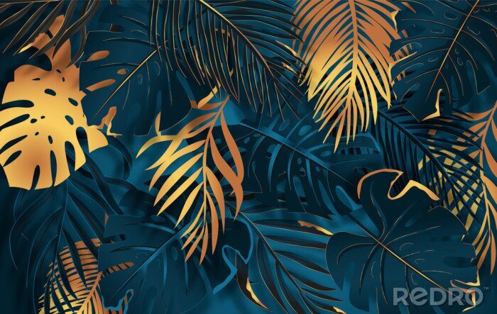 Papier peint  Gold and dark vector turquoise tropical leaves on dark background. Exotic botanical background design for luxury brands.