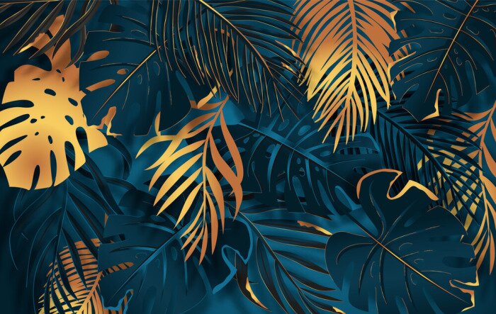 Papier peint  Gold and dark vector turquoise tropical leaves on dark background. Exotic botanical background design for luxury brands.