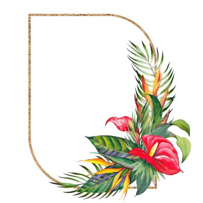 Papier peint  Gold frame with tropical palm leaves, red Anthurium and strelitzia flowers. Watercolor illustration on white background.