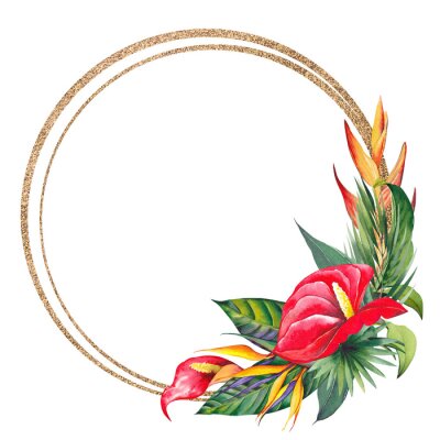 Papier peint  Gold round frame with tropical palm leaves, red Anthurium and strelitzia flowers. Watercolor illustration on white background.