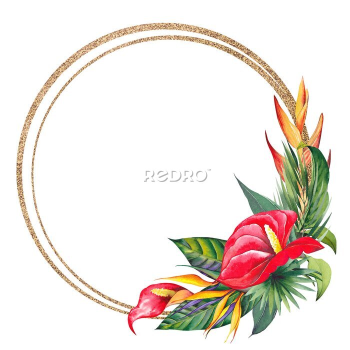 Papier peint  Gold round frame with tropical palm leaves, red Anthurium and strelitzia flowers. Watercolor illustration on white background.
