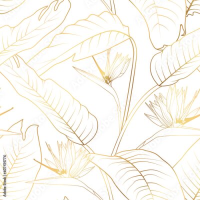 Papier peint  Gold tropical background with strelitzia leaves and flowers on white background. Flower paradise seamless pattern.