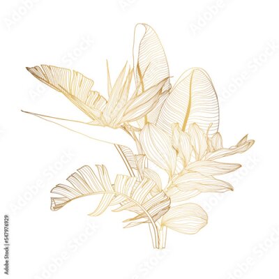 Papier peint  Golden floral composition with line troical strelitzia flower and leaves on white. Romantic design for natural cosmetics, perfume, women products. Can be used for greeting card, wedding invitation.