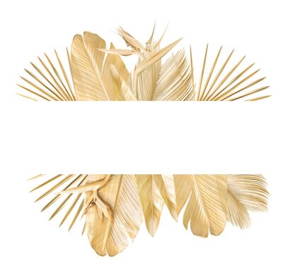 Papier peint  Golden palm leaves banner with golden strelitzia flower. Isolated on white. 