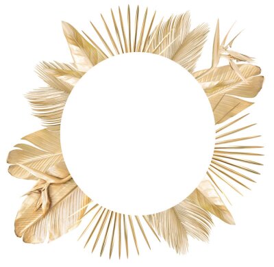 Papier peint  Golden palm leaves with golden strelitzia flower. Isolated on white. 