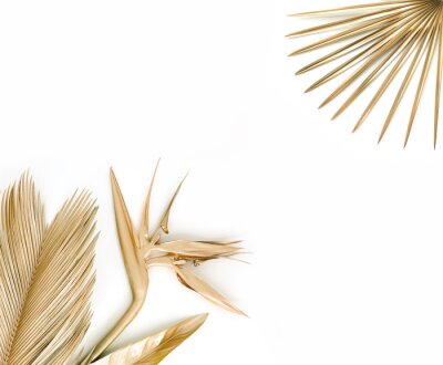Papier peint  Golden palm leaves with golden strelitzia flower. Isolated on white. 