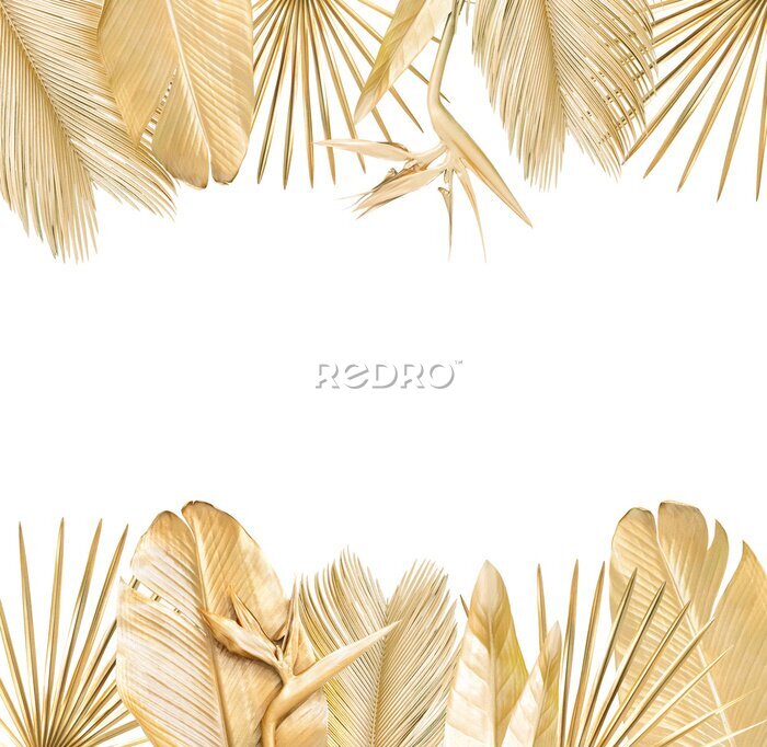 Papier peint  Golden palm leaves with golden strelitzia flower. Isolated on white. 