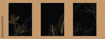 Papier peint  Golden strelitzia flowers, leaves  frame set. Tropical line flowers frame.  Exotic hawaiian jungle, summer time border frame. 