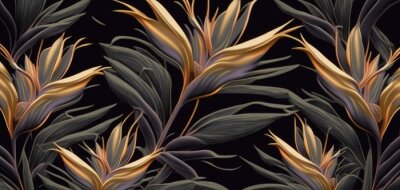 Papier peint  Golden strelitzia flowers. Mystic seamless pattern, premium dark background, luxury mural, royal texture, 3d wallpaper. Magic watercolor illustration. Digital art, poster, wall, paper, Generative AI