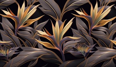 Papier peint  Golden strelitzia flowers. Mystic seamless pattern, premium dark background, luxury mural, royal texture, 3d wallpaper. Magic watercolor illustration. Digital art, poster, wall, paper, Generative AI