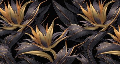 Papier peint  Golden strelitzia flowers. Mystic seamless pattern, premium dark background, luxury mural, royal texture, 3d wallpaper. Magic watercolor illustration. Digital art, poster, wall, paper, Generative AI