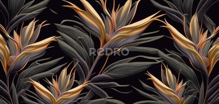 Papier peint  Golden strelitzia flowers. Mystic seamless pattern, premium dark background, luxury mural, royal texture, 3d wallpaper. Magic watercolor illustration. Digital art, poster, wall, paper, Generative AI