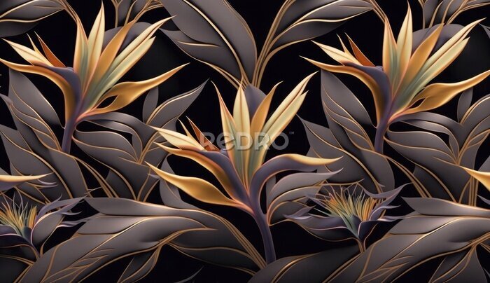 Papier peint  Golden strelitzia flowers. Mystic seamless pattern, premium dark background, luxury mural, royal texture, 3d wallpaper. Magic watercolor illustration. Digital art, poster, wall, paper, Generative AI